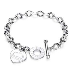 Silver Women's Stainless Steel Classic Heart Engraved Toggle Clasp Bracelet